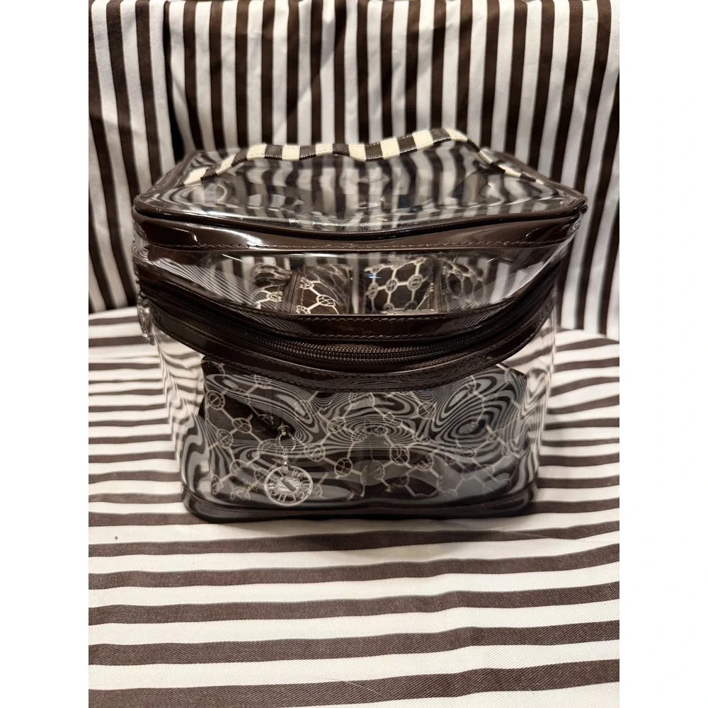 Henri Bendel Clear 3 Piece Cosmetic Case Set Brown White Striped Travel Bag